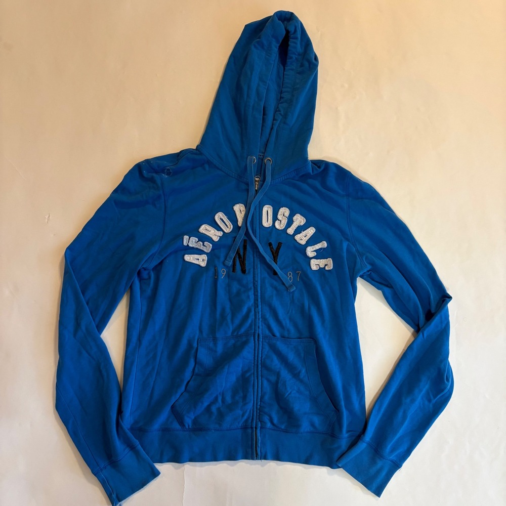 Aeropostale Blue Zip Up Hoodie XL Distressed Y2K New York 1987 Embroidered Logo